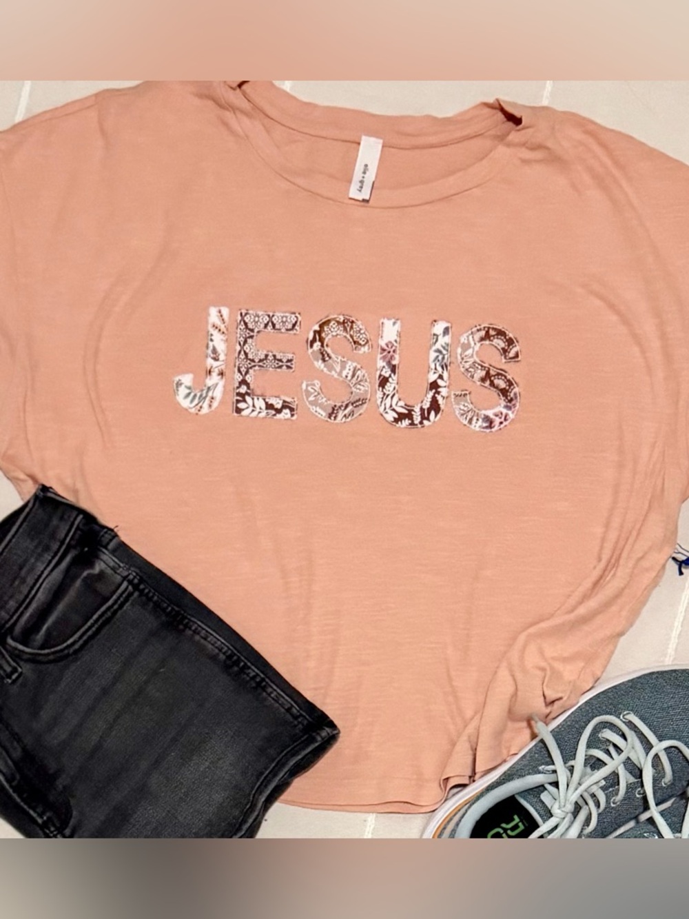Christian embroidered patchwork on cropped tee size medium